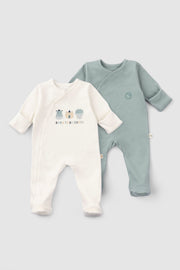 Organic Baby Sleepsuits - Long Sleeve Footed 2-Pack (Green) - Little Gusto