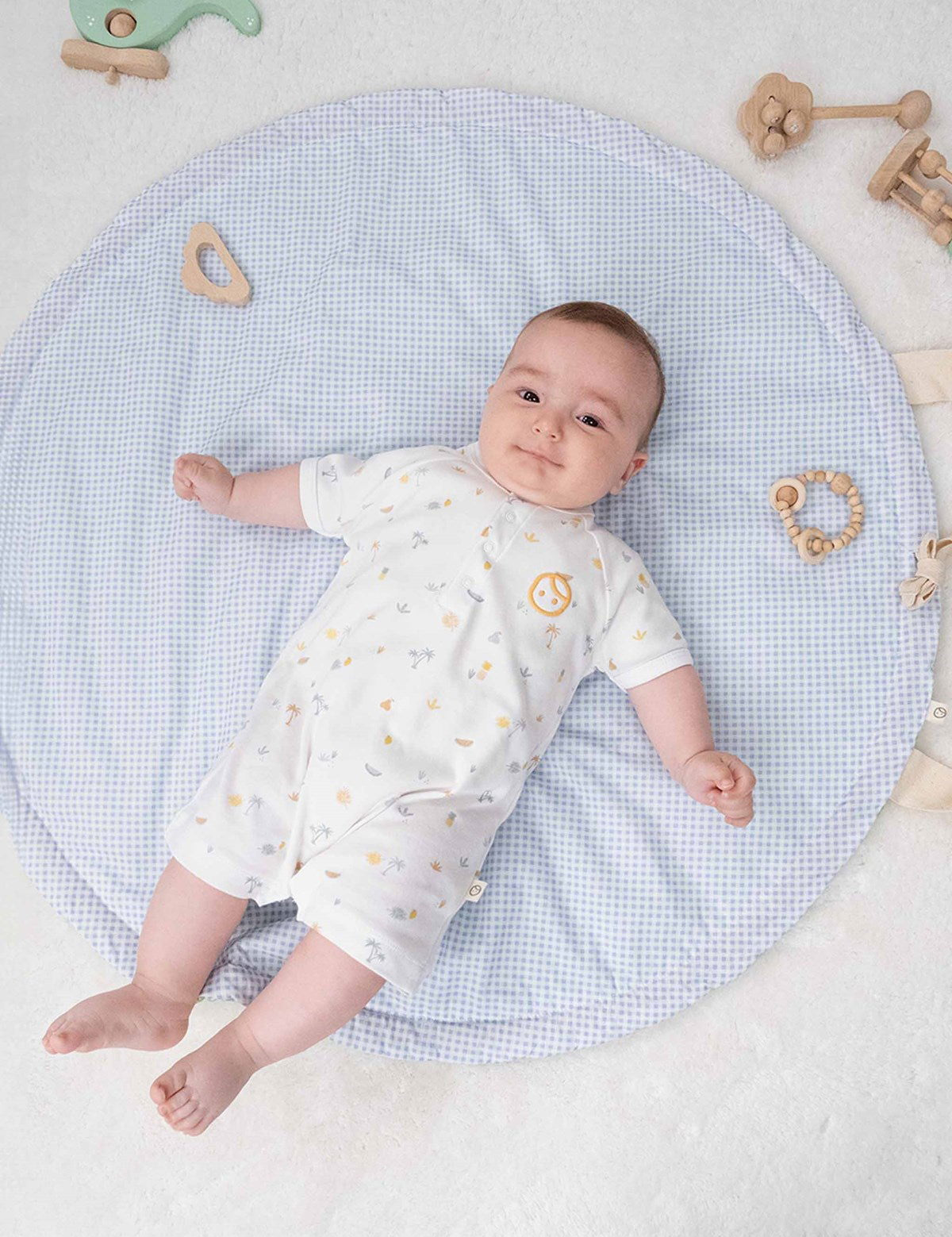organic cotton baby romper picnic pattern front view

