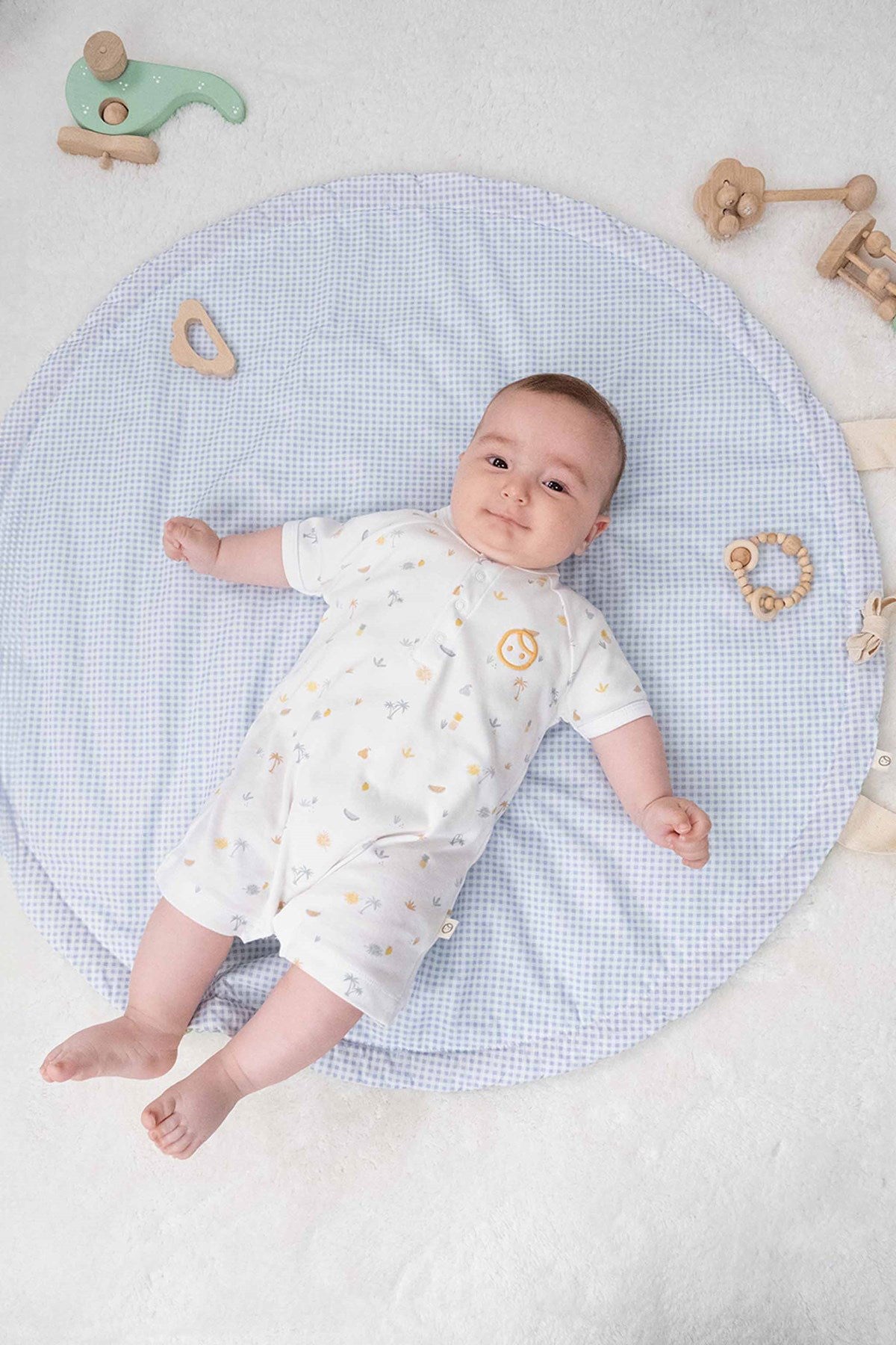 organic cotton baby romper picnic pattern front view
