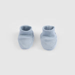 blue organic cotton baby booties newborn soft socks front view