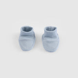 blue organic cotton baby booties newborn soft socks front view