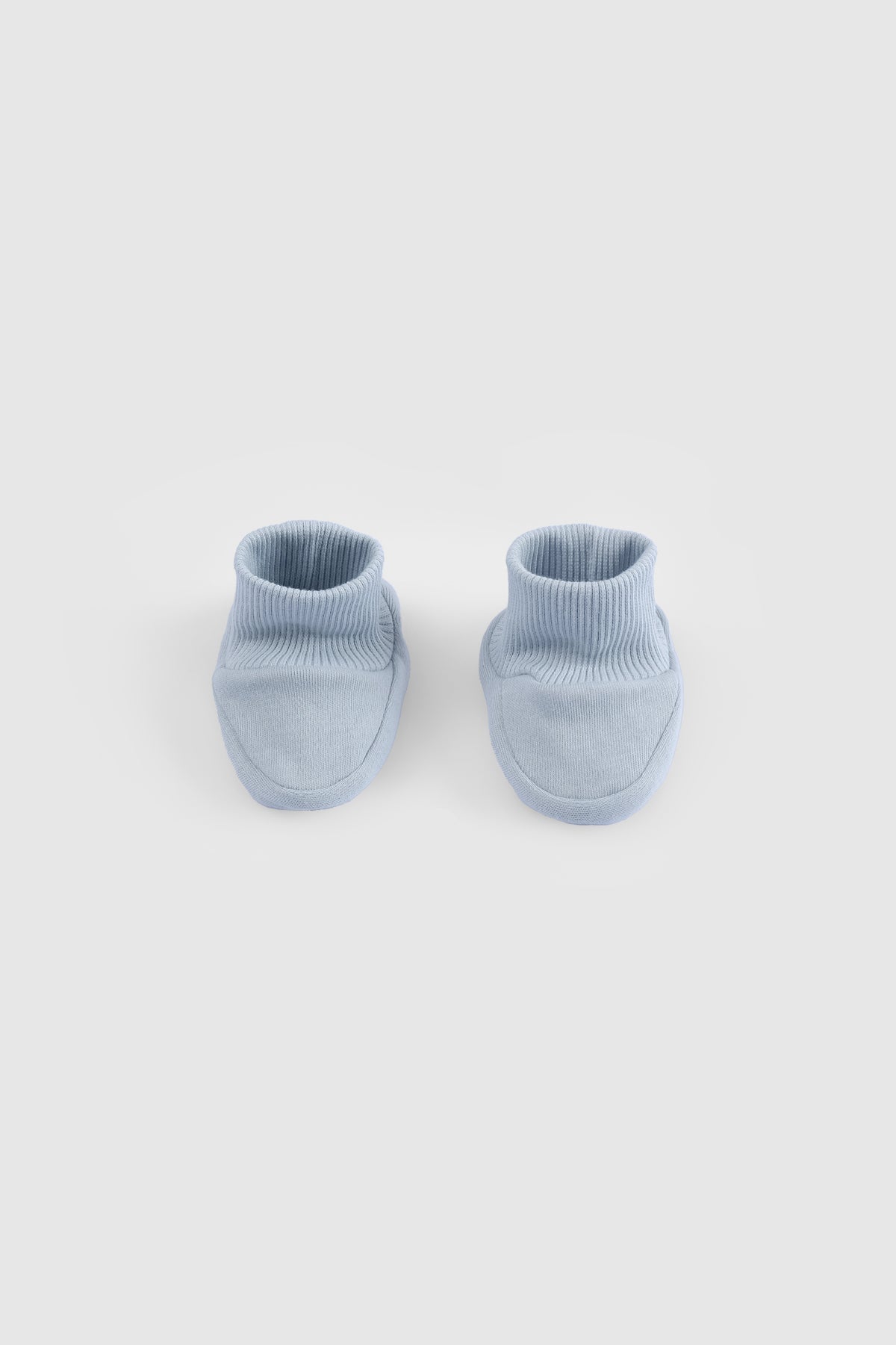 blue organic cotton baby booties newborn soft socks front view