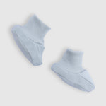 blue newborn baby booties soft cotton infant footwear side view