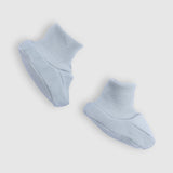 blue newborn baby booties soft cotton infant footwear side view