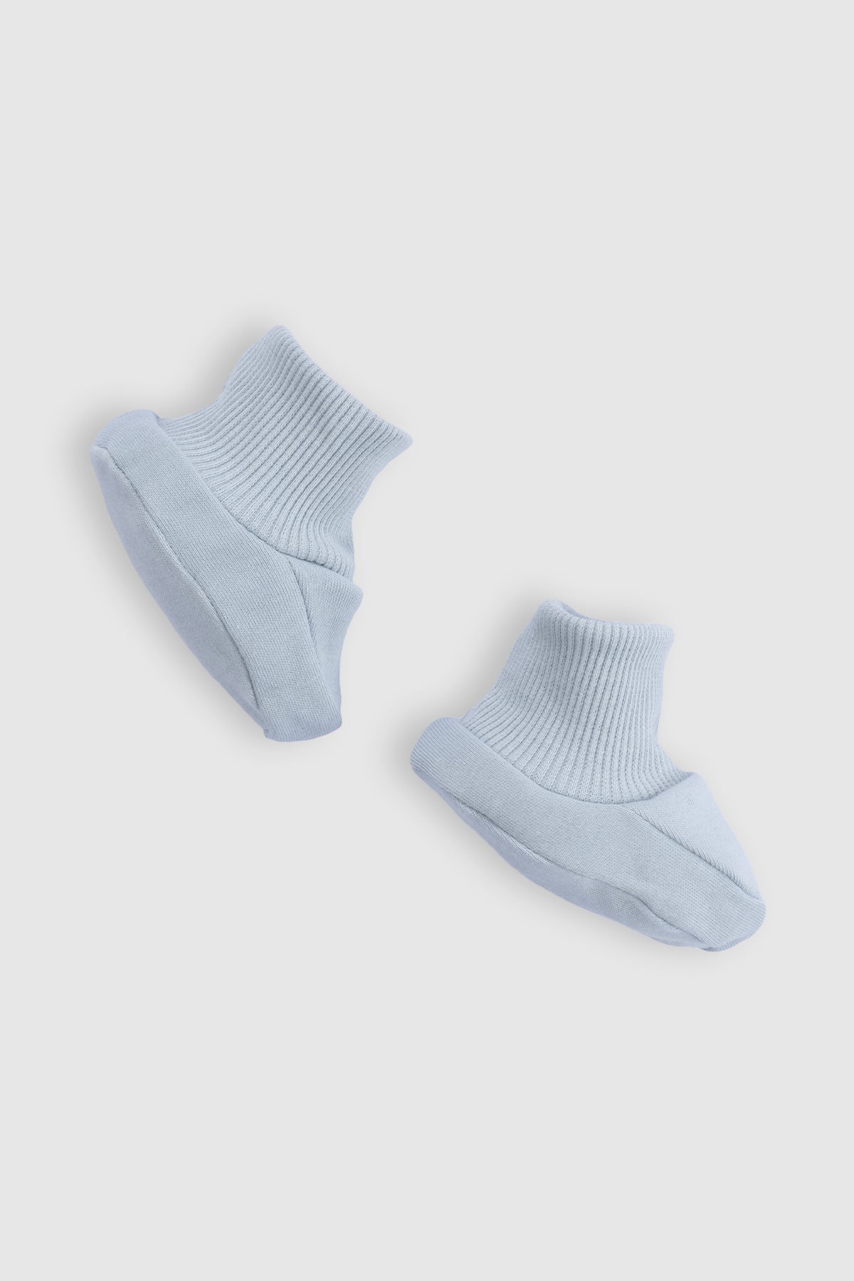 blue newborn baby booties soft cotton infant footwear side view