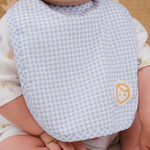 baby wearing organic cotton waterproof baby bib blue feeding time