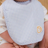 baby wearing organic cotton waterproof baby bib blue feeding time