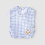 organic cotton waterproof baby bib blue picnic pattern front view