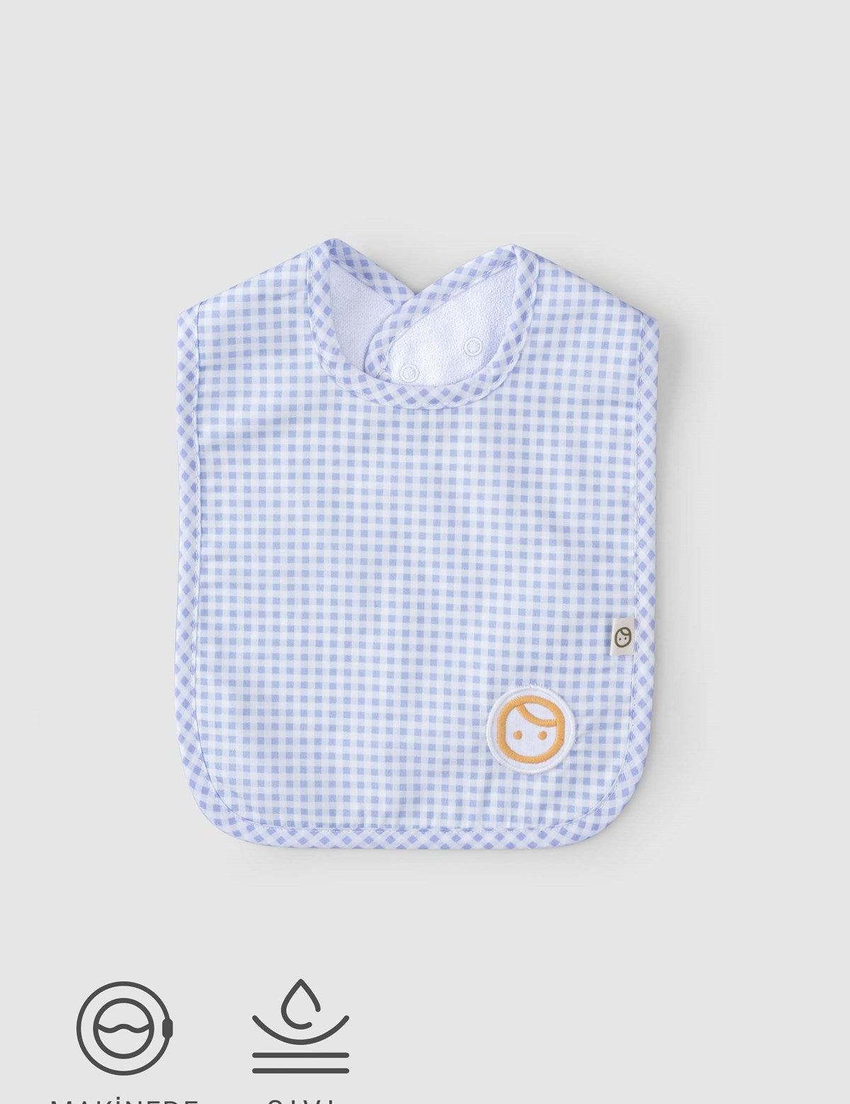 organic cotton waterproof baby bib blue picnic pattern front view