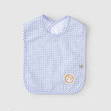 organic cotton waterproof baby bib blue picnic pattern front view