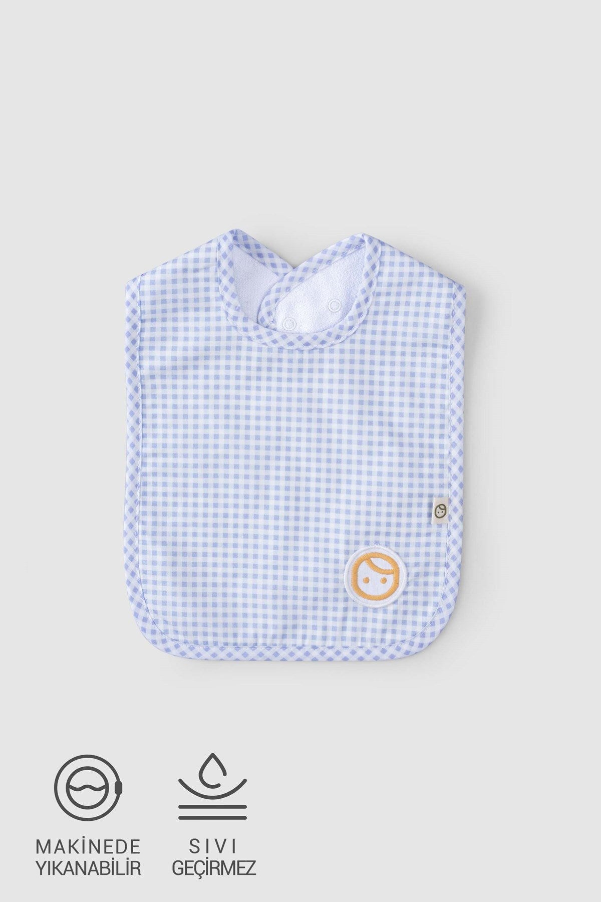 organic cotton waterproof baby bib blue picnic pattern front view