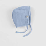 blue ribbed baby bonnet organic cotton soft baby hat detail