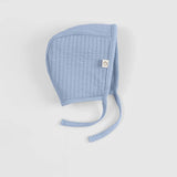 blue ribbed baby bonnet organic cotton soft baby hat detail